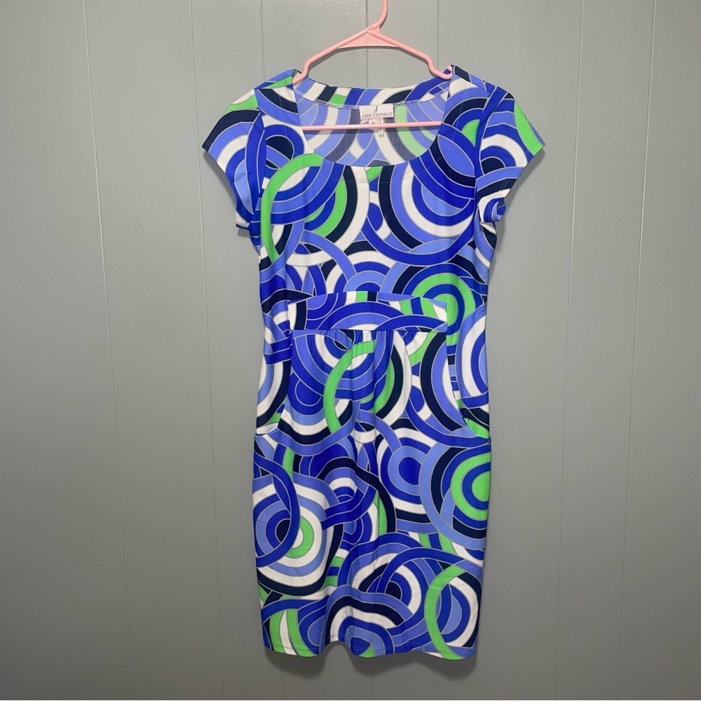 Jude Connally Blue Art Deco Cap Short Sleeve Knee Length Dress Small